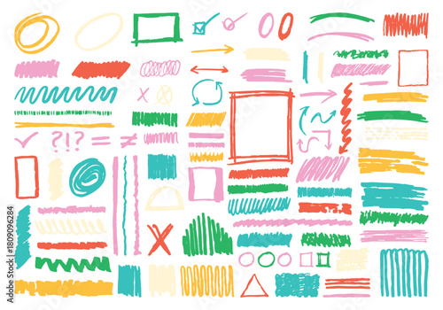 Colored arrows crayon doodle chalk icon set. A vibrant assortment of handdrawn shapes lines symbols and marks in various colors. Grunge scribble chalk marker drawing, chalk smears. Vector illustration