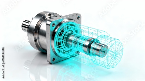 Industrial Motor with Holographic Wireframe Overlay