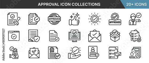 Approval icon set with check mark, document, stamp, like, quality, certificate, verified and confirmation icons