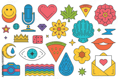 Assorted bright stickers vector format featuring a mix of icons. Vector illustration