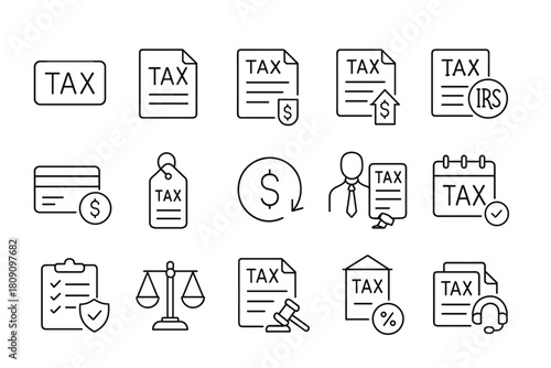 Tax icon set. Finance and taxation vector set. Tax icon collection for document, payment, accountant and return calculation design.