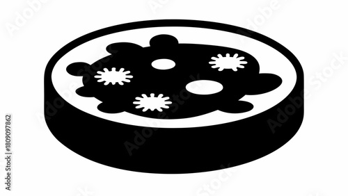 Black and white petri dish with bacteria colonies on a white background in an isometric view is shown