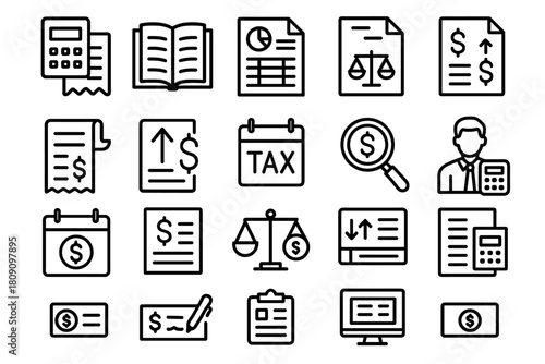 Tax icon set. Finance and taxation vector set. Tax icon collection for document, payment, accountant and return calculation design.