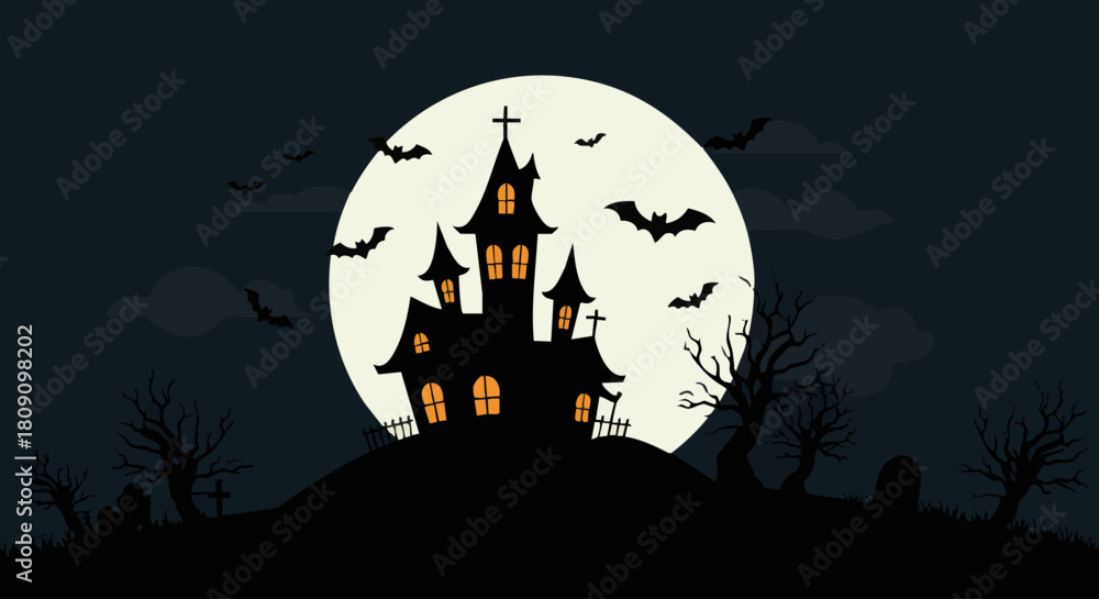 Fototapeta premium Spooky Haunted Mansion with Bats and Full Moon – Dark Halloween Vector Art