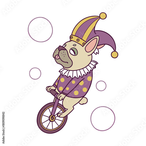 French Bulldog Clown Riding Unicycle with Bubbles animal cartoon