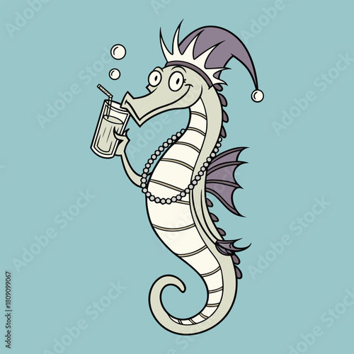Seahorse wearing Mardi Gras crown and beads drinking from straw Keywords: seahorse, marine