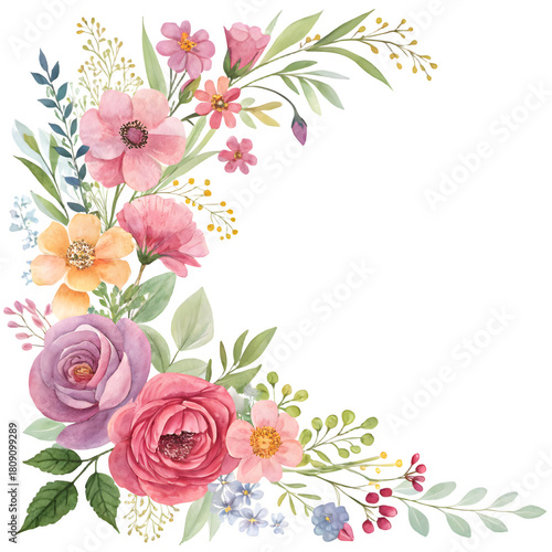 Watercolor floral arrangement with pink roses and green leaves on black background