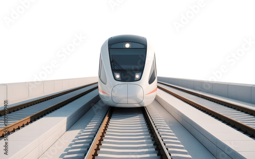 Modern high speed train front view on railway tracks isolated on black