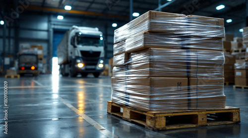 Close-up of packaged goods on a pallet in a warehouse, ready for shipment.