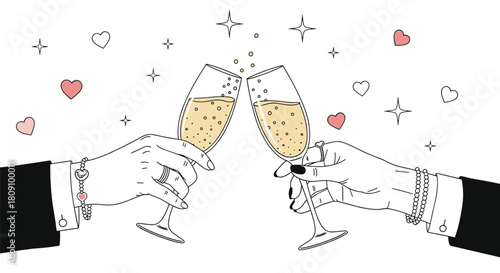 Two elegant hands clinking champagne glasses in a celebration with hearts and sparkles.