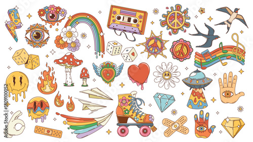 Cartoonish collage of retrothemed illustrations including eyes rainbows dice roller skate and peace symbols. Vector illustration