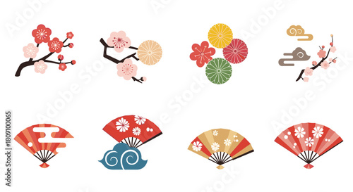 Collection of traditional Japanese decorative elements including cherry blossoms and fans.