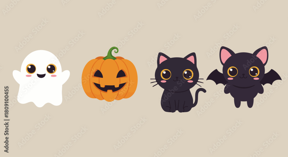Fototapeta premium Cute Halloween Character Set Vector – Ghost, Jack O Lantern Pumpkin, Black Cat and Bat Cartoon Icons