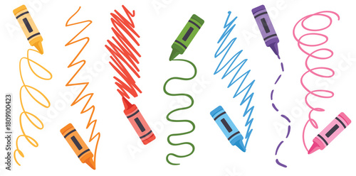 Colored arrows crayon doodle chalk icons set. Colorful crayons with scribbled lines of corresponding colors. Grunge scribble chalk marker drawing, chalk smears. Vector illustration