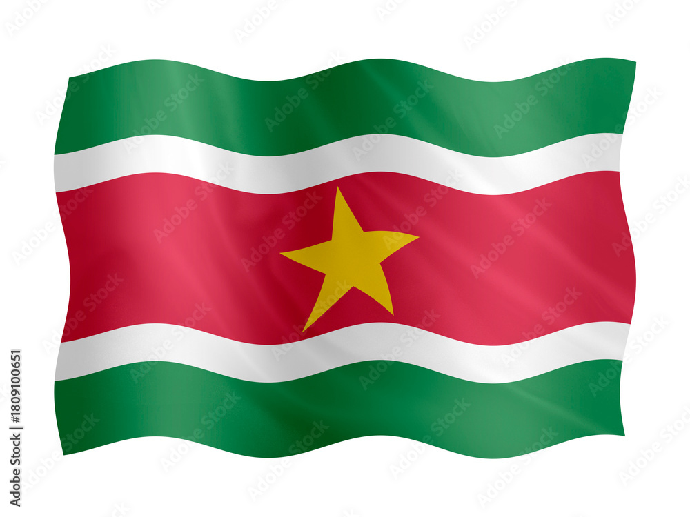 Obraz premium Digital composite. ..Flag of Suriname waving with a fabric overlay. ..November 25th is Suriname Independence Day..Srefidensi Dey, Onafhankelijkheidsdag. ..PNG file.