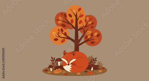 Adorable Fox Sleeping in Autumn Forest Vector, Fall Tree, Mushrooms and Colorful Leaves Illustration