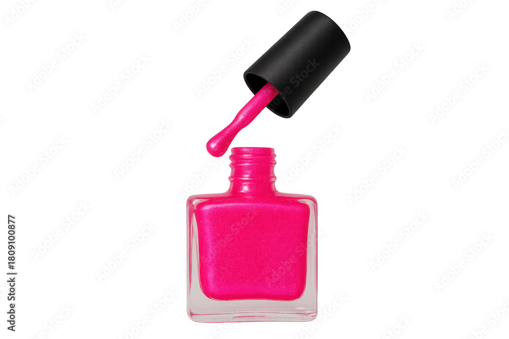 Fototapeta premium Pink nail polish bottle with applicator brush dripping product, highlighting beauty, cosmetics, and self-care