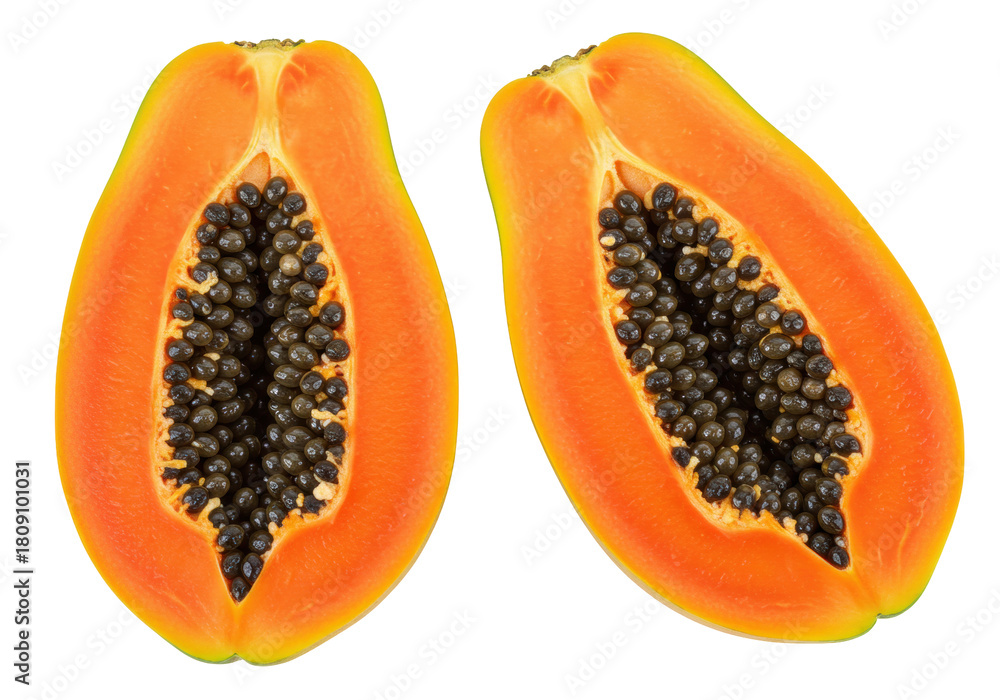 Ταπετσαρία Isolated halved fresh papaya with black seeds, orange pulp, tropical summer frui