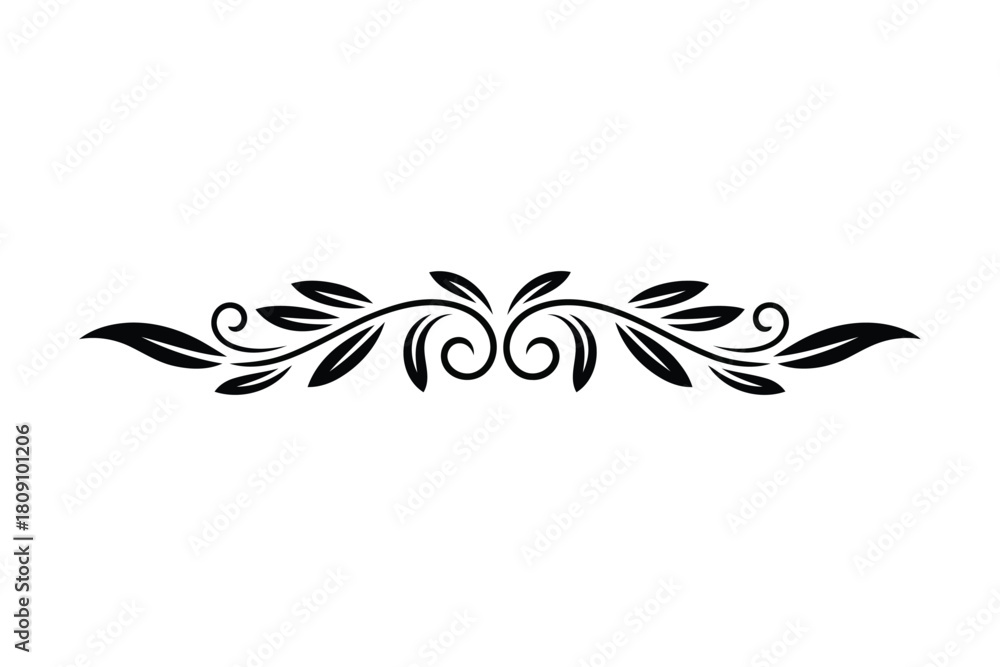 Fototapeta premium Black ornate floral flourish divider with swirling vines and leaves vector