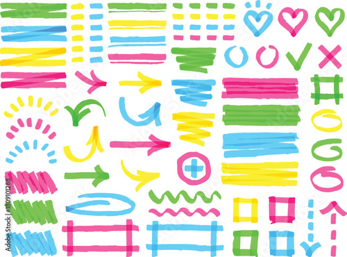 Colored arrows crayon doodle chalk icons set. Colorful highlighter strokes and shapes in an array. Grunge scribble chalk marker drawing, chalk smears. Vector illustration
