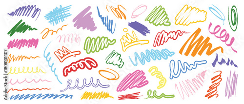 Colored arrows crayon doodle chalk icons set. Colorful scribbled lines  shapes in various arrangements. Grunge scribble chalk marker drawing, chalk smears. Vector illustration