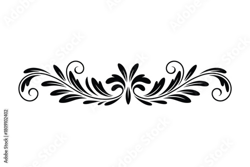 Black ornate floral swirl divider with leaves and curls on white background flourish ornament