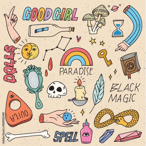 Doodlestyle drawing features occult  mystical elements severed hands skull candle book  words like GOOD GIRL, PARADISE, BLACK MAGIC. Vector illustration