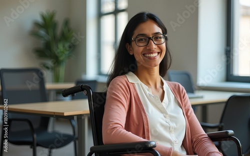 Smiling Indian woman in wheelchair at the office. Generative AI. High quality