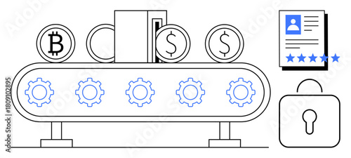 Cryptocurrency coins on conveyor with gears, digital wallet, lock icon, and user profile. Ideal for blockchain technology, finance, security, fintech, data protection decentralized systems identity