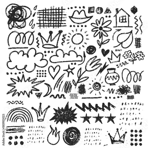 Handdrawn doodles fill the frame featuring clouds hearts stars crowns and more all rendered in a rough crayonlike style. Vector illustration