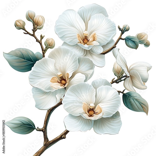 Elegant photo White Orchids with Teal Leaves and Buds on White Background phalaenopsis