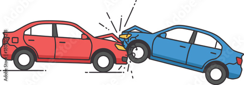 Red car colliding with a blue car in an accident with skid marks on the road