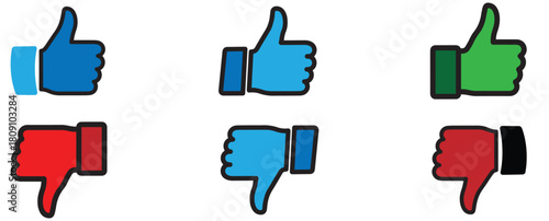 A collection of thumbs up and thumbs down icons in various colors, isolated on transparent background these symbols represent agreement, approval, disagreement, and disapproval