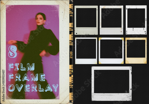 Pack Of 8 Isolated Retro Film Frame Overlays. Instant Photo Snapshot Border.