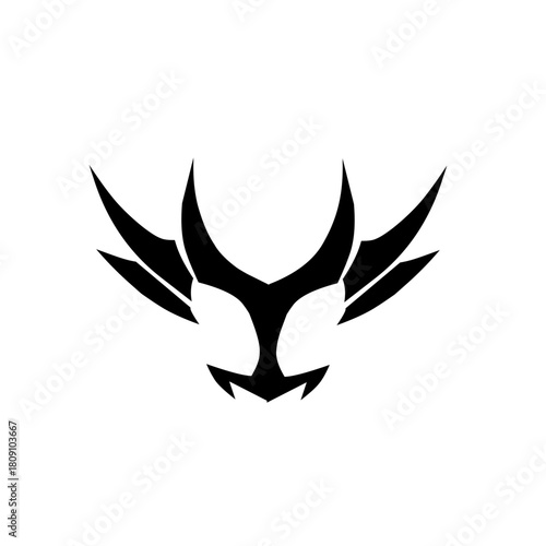 Bold, stylized devil or monster head icon with sharp horns and abstract wings, symbolizing power, intensity, aggression, and extreme, powerful branding or gaming concepts.
