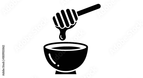 Honey Dipper Stick Dripping into Bowl Vector Icon
