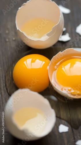 Cracked egg with vibrant yolk oozing onto rustic wood, promising fresh start and culinary creativity in this enticing breakfast prep video clip