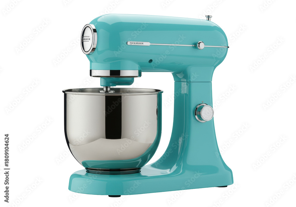 Fototapeta premium Isolated, turquoise stand mixer on a seamless background, professional kitchen appliance