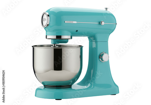 Isolated, turquoise stand mixer on a seamless background, professional kitchen appliance
