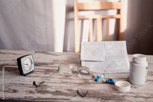 Glasses with strong diopter lenses lie among scattered pills from an open pill container next to medicine instructions and an old alarm clock on a table, close-up.