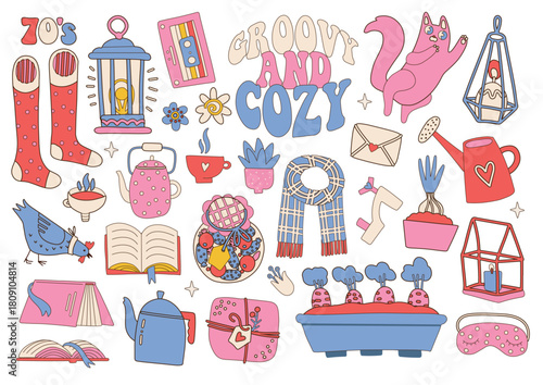 Whimsical drawing showcasing cozy objects socks teapot cat candle scarf books  gardening items in soft pastel colors. Vector illustration