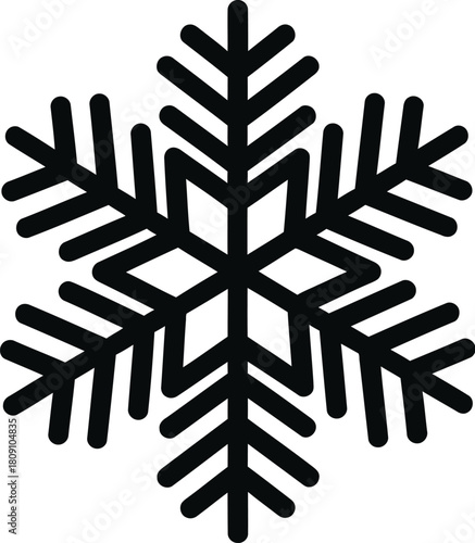 A simple black and white illustration of a snowflake with six points on a plain white background