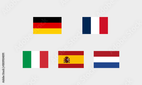 Europäische Flaggen – Deutschland, Frankreich, Italien, Spanien, Niederlande (Originalseitenverhältnis, korrekte Farbdarstellung)