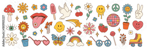 Retro sticker collection Mushrooms flowers lips peace signs  other 70s inspired designs on white. Vector illustration