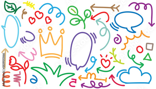 Colored arrows crayon doodle chalk icons set. colorful assortment of handdrawn doodles including hearts speech bubbles arrows leaves and other. Grunge scribble chalk marker drawing, chalk smears