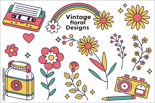 Vintage floral design with flowers cassette rainbow and retrostyled elements. Vector illustration