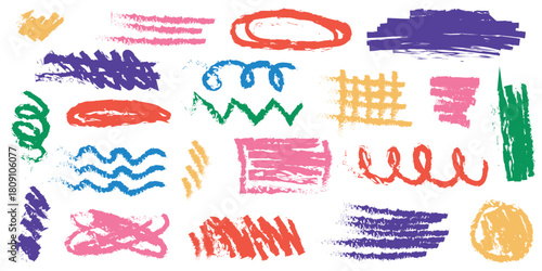 Colored arrows crayon doodle chalk icons set. Varied collection colorful crayonlike scribble shapes. Grunge scribble chalk marker drawing, chalk smears. Vector illustration