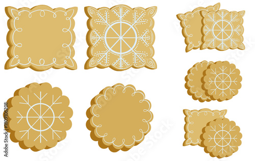 A set of gingerbread cookies decorated with snowflakes made of glaze
