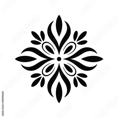 Black symmetrical floral ornament with curved petals and oval shapes on white background vector