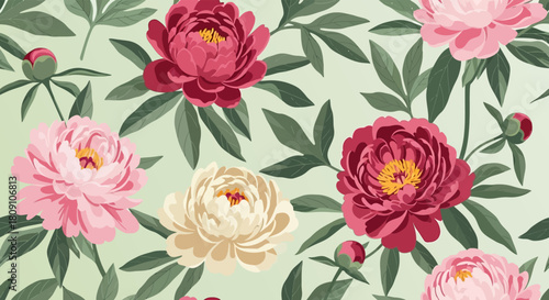 Floral pattern featuring pink, red, and cream peonies with green leaves on a light green background.